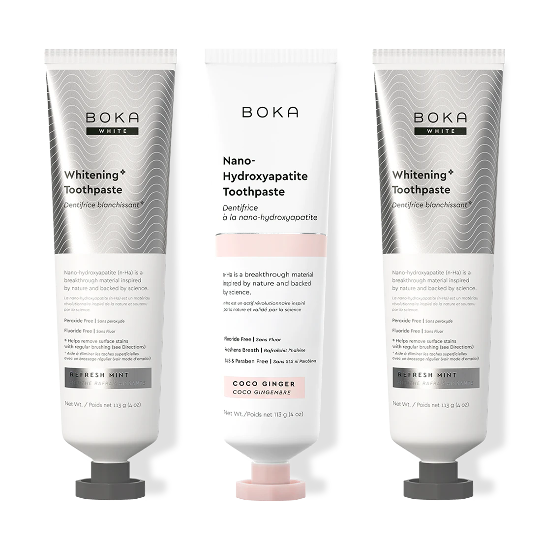 Three bottles of Boka Nano-Hydroxyapatite Toothpaste on a white background