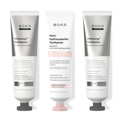 Three bottles of Boka Nano-Hydroxyapatite Toothpaste on a white background