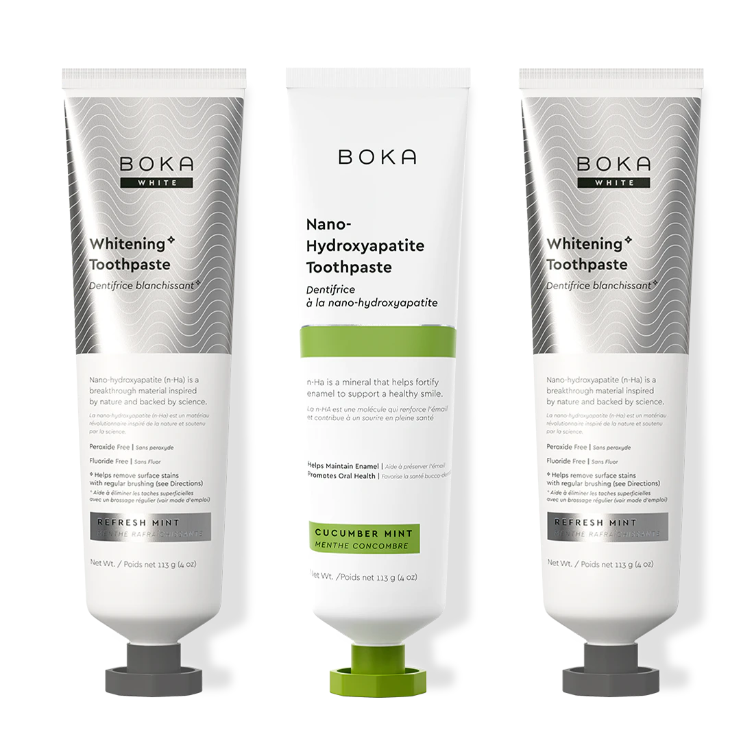 Three bottles of Boka Nano-Hydroxyapatite Toothpaste on a white background