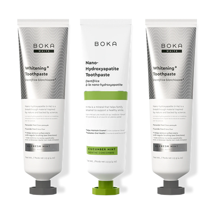 Three bottles of Boka Nano-Hydroxyapatite Toothpaste on a white background