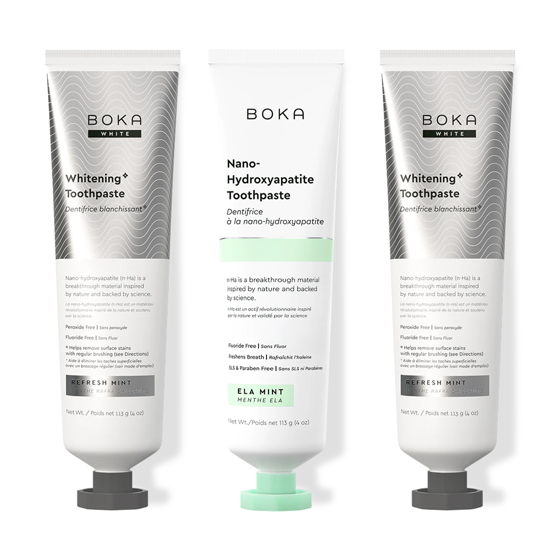 Three bottles of Boka Nano-Hydroxyapatite Toothpaste on a white background