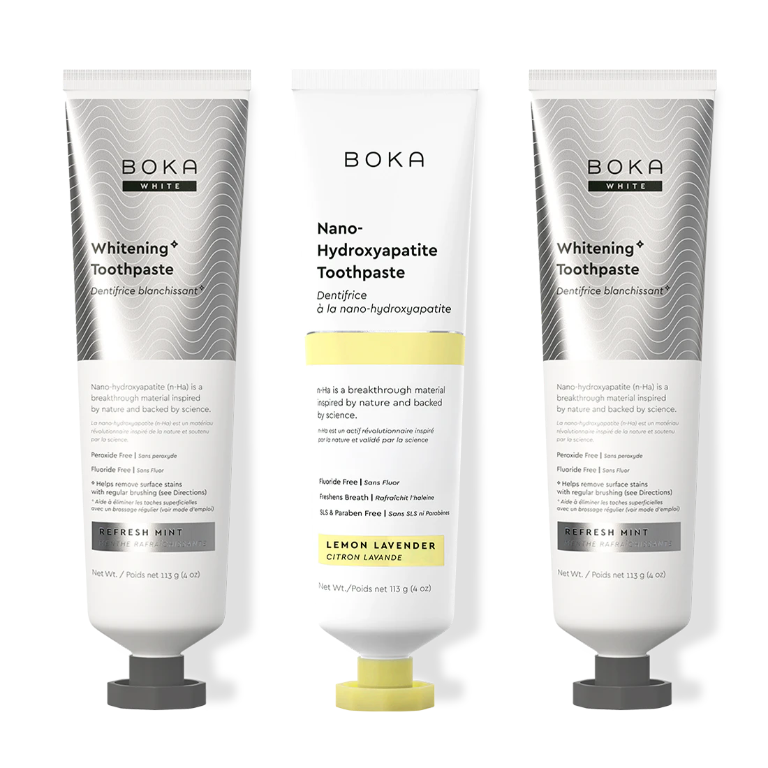 Three bottles of Boka Nano-Hydroxyapatite Toothpaste on a white background