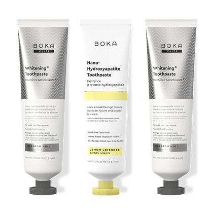 Three bottles of Boka Nano-Hydroxyapatite Toothpaste on a white background