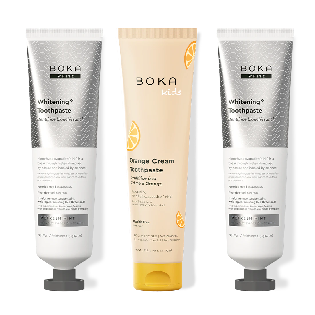Three bottles of Boka Nano-Hydroxyapatite Toothpaste on a white background