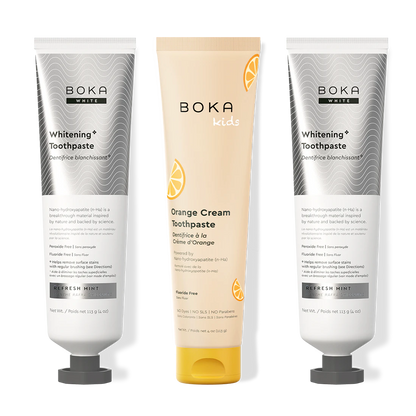 Three bottles of Boka Nano-Hydroxyapatite Toothpaste on a white background