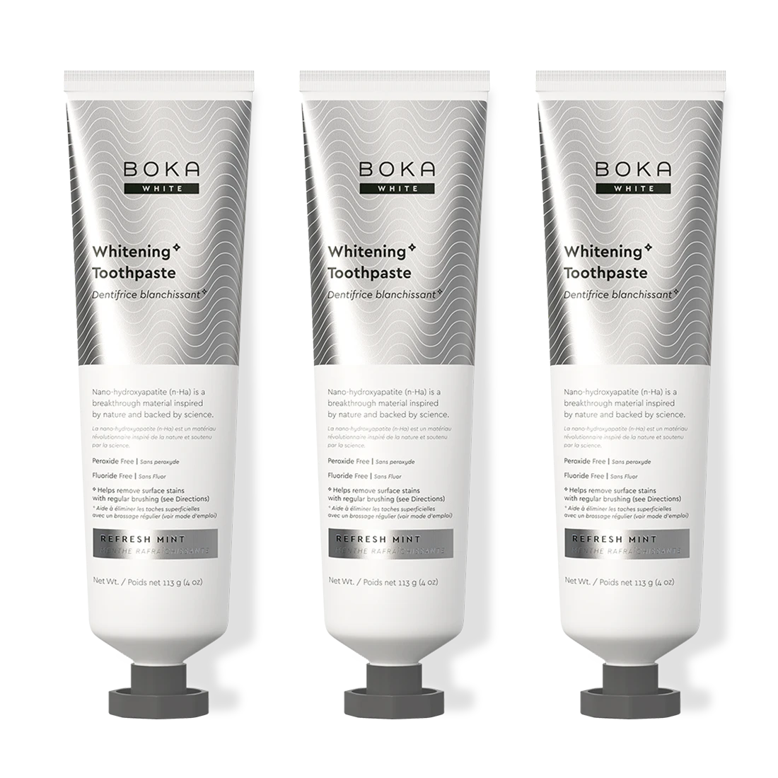 Three bottles of Boka Nano-Hydroxyapatite Toothpaste on a white background