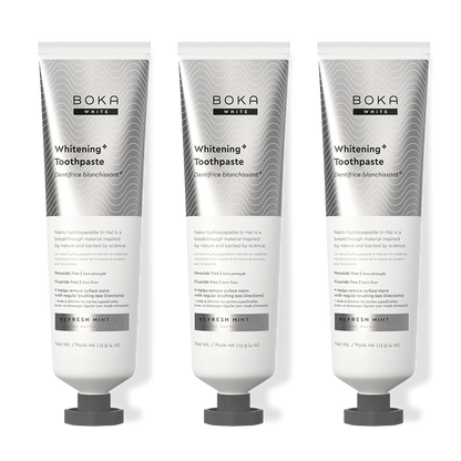 Three bottles of Boka Nano-Hydroxyapatite Toothpaste on a white background