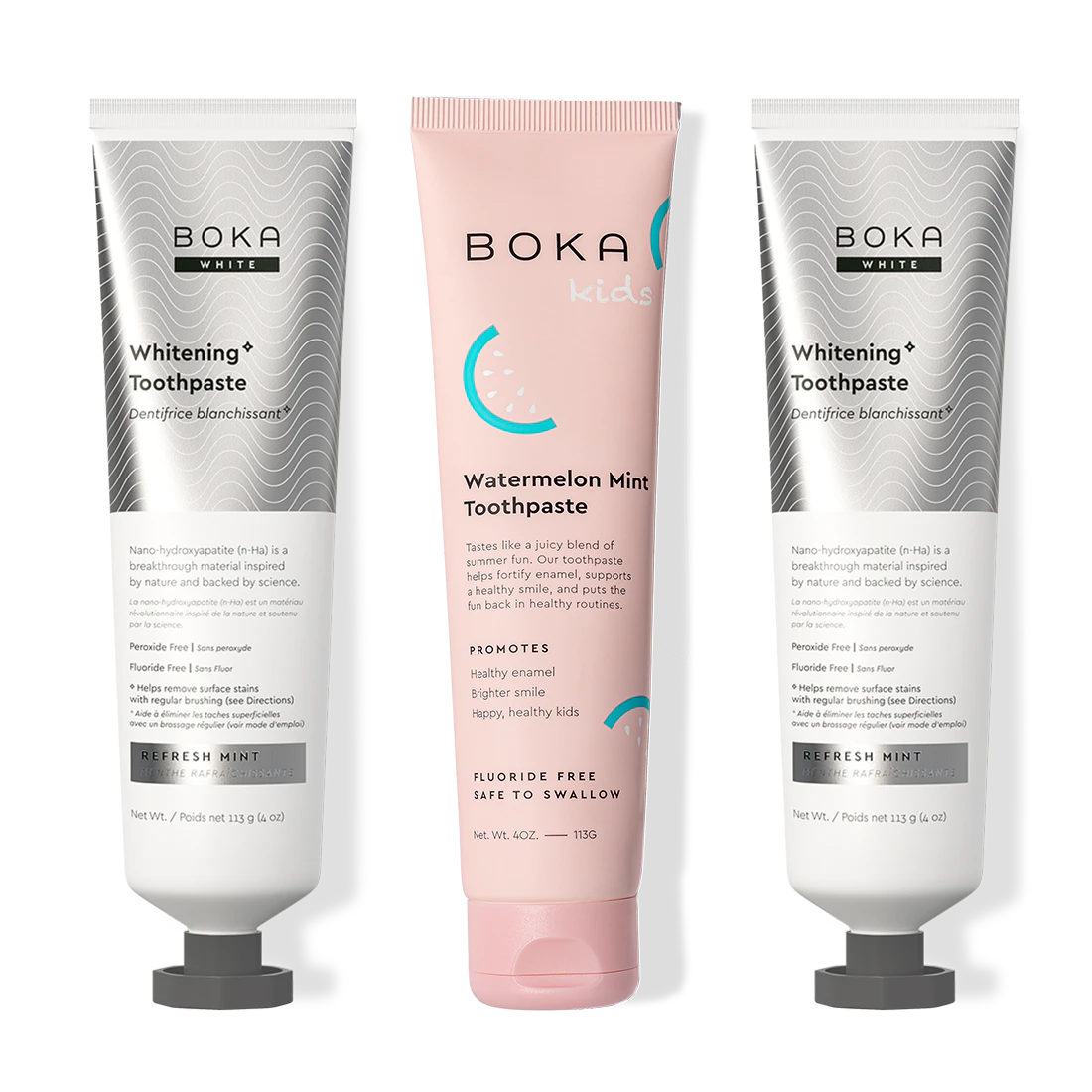 Three bottles of Boka Nano-Hydroxyapatite Toothpaste on a white background