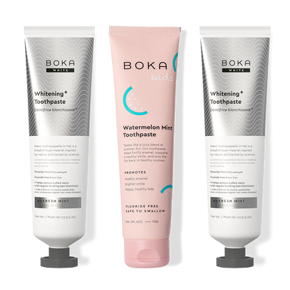 Three bottles of Boka Nano-Hydroxyapatite Toothpaste on a white background
