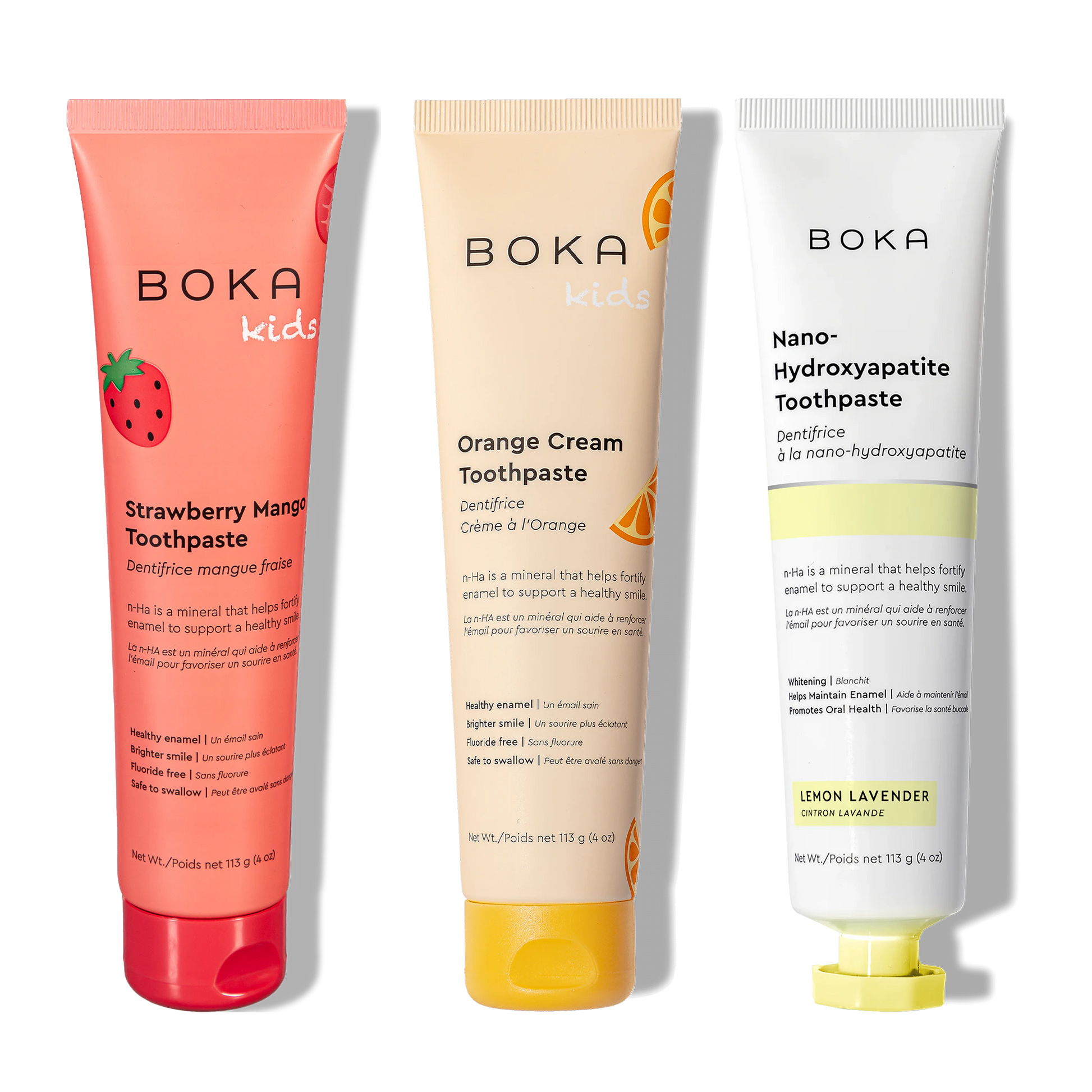 Three tubes of Boka Nano-Hydroxyapatite Toothpaste on a white background