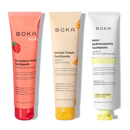 Three tubes of Boka Nano-Hydroxyapatite Toothpaste on a white background
