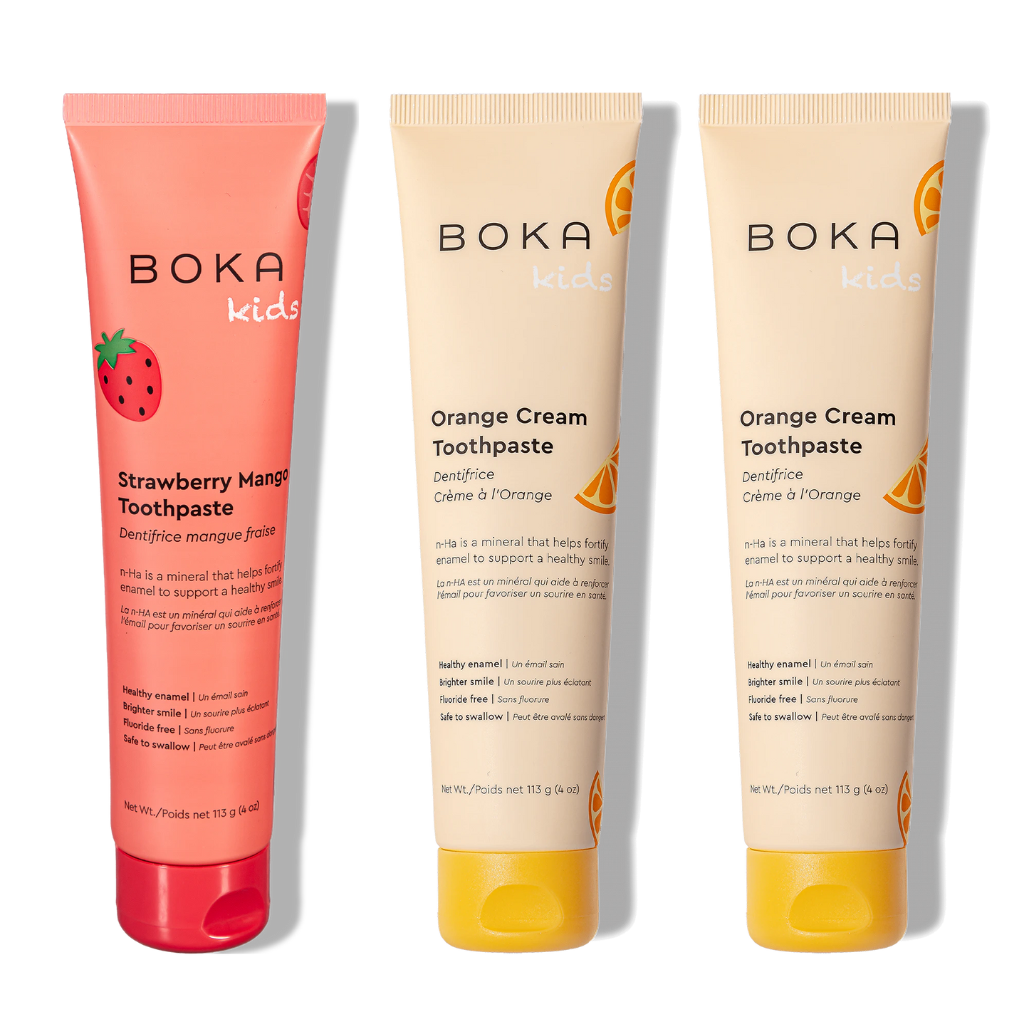 Three bottles of Boka Nano-Hydroxyapatite Toothpaste on a white background