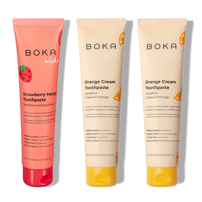Three bottles of Boka Nano-Hydroxyapatite Toothpaste on a white background