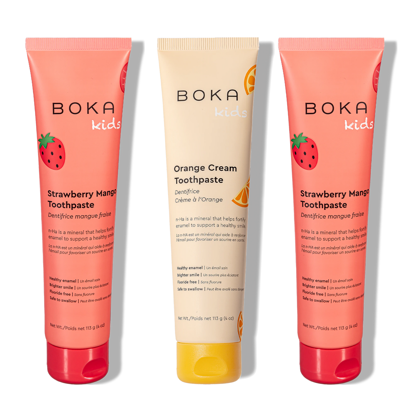Three bottles of Boka Nano-Hydroxyapatite Toothpaste on a white background