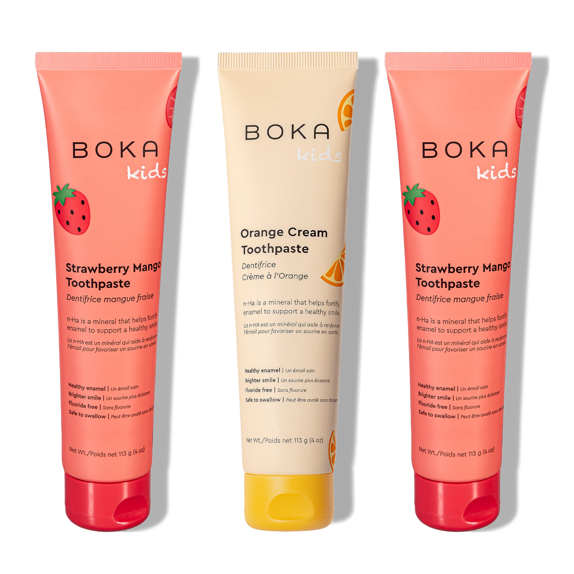 Three bottles of Boka Nano-Hydroxyapatite Toothpaste on a white background
