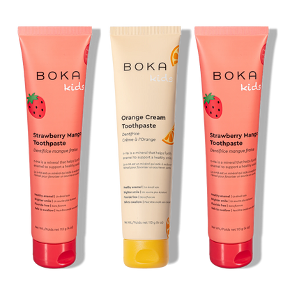 Three bottles of Boka Nano-Hydroxyapatite Toothpaste on a white background