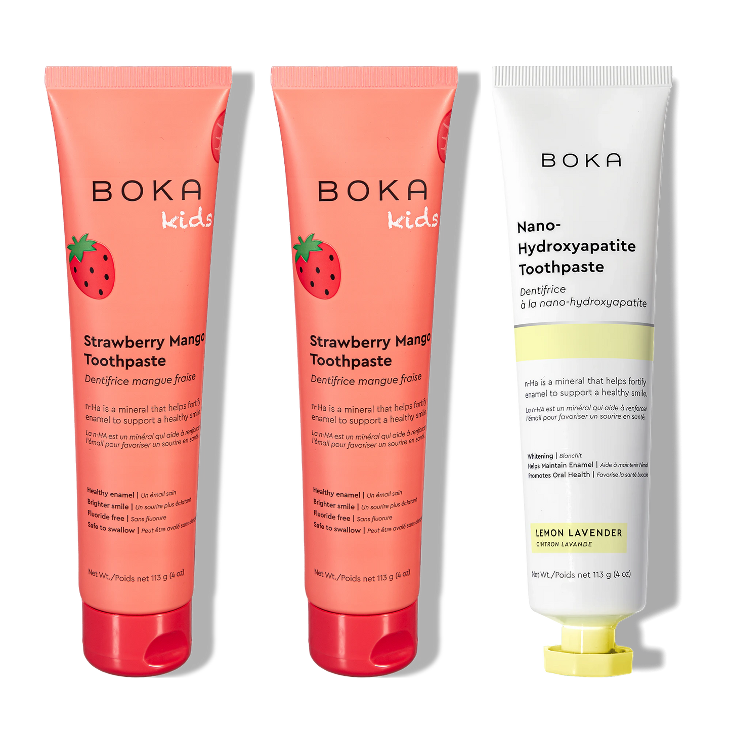 Three tubes of Boka Nano-Hydroxyapatite Toothpaste on a white background