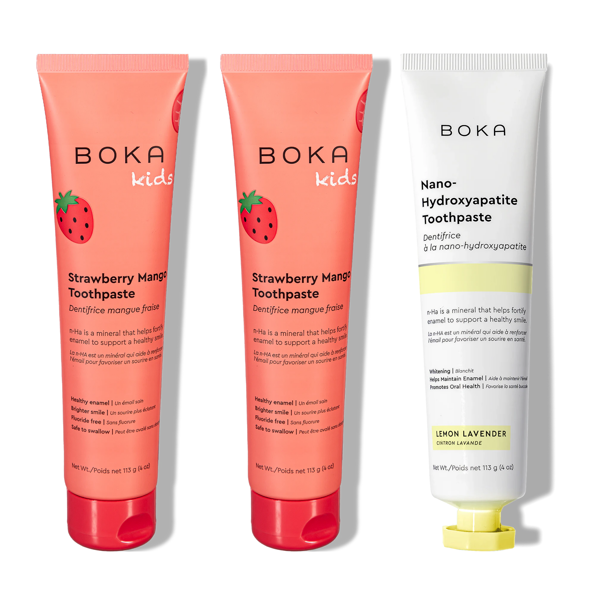 Three tubes of Boka Nano-Hydroxyapatite Toothpaste on a white background
