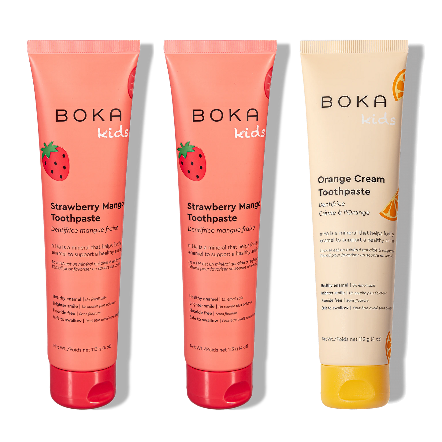 Three tubes of Boka Nano-Hydroxyapatite Toothpaste on a white background