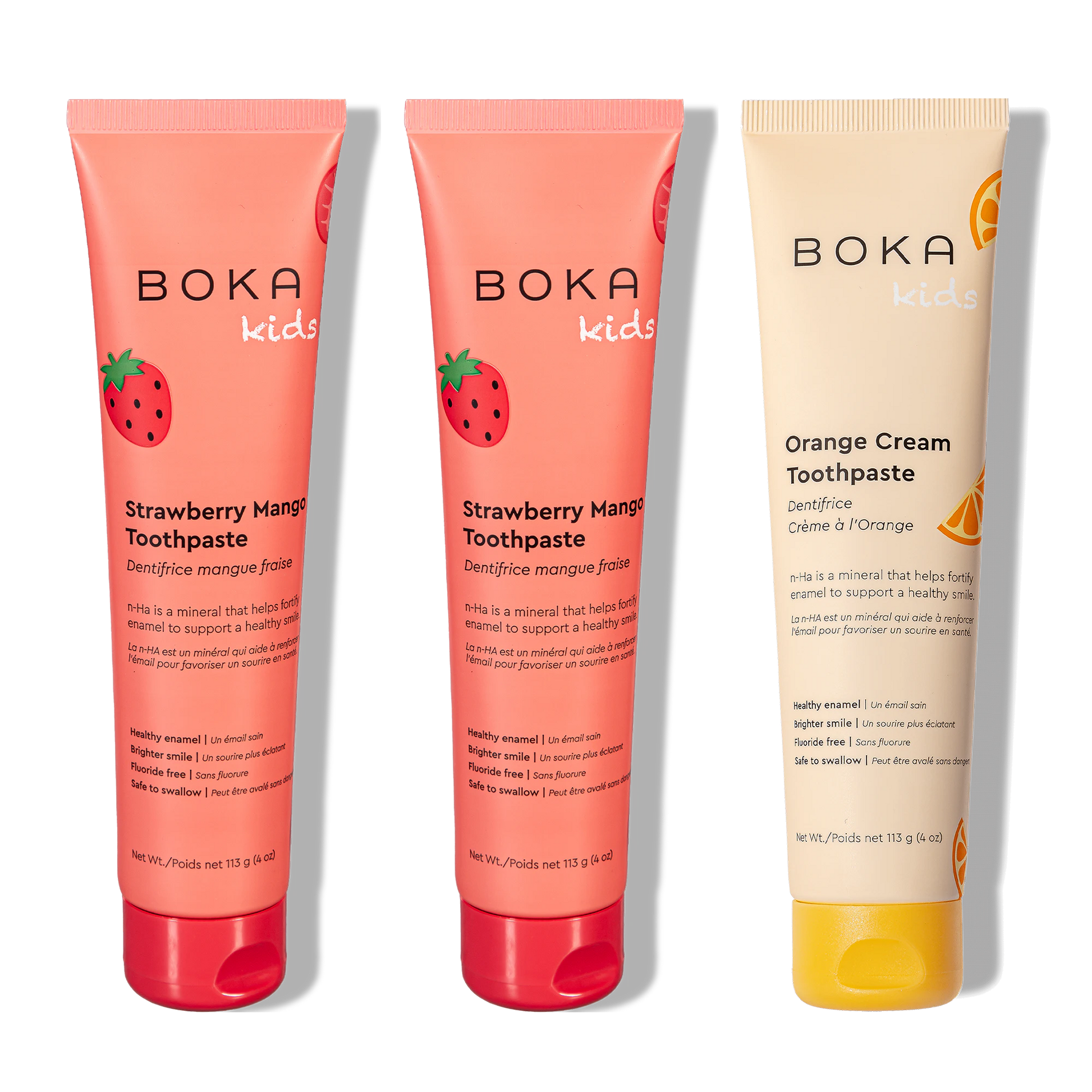 Three tubes of Boka Nano-Hydroxyapatite Toothpaste on a white background