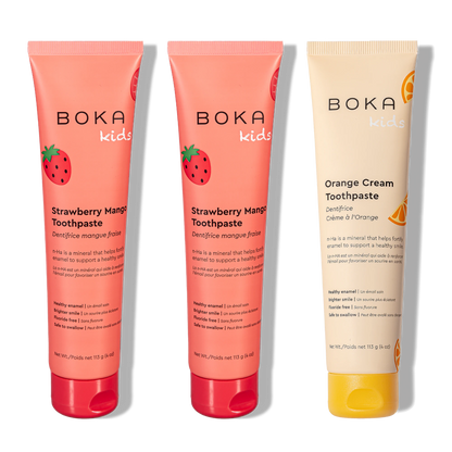 Three tubes of Boka Nano-Hydroxyapatite Toothpaste on a white background
