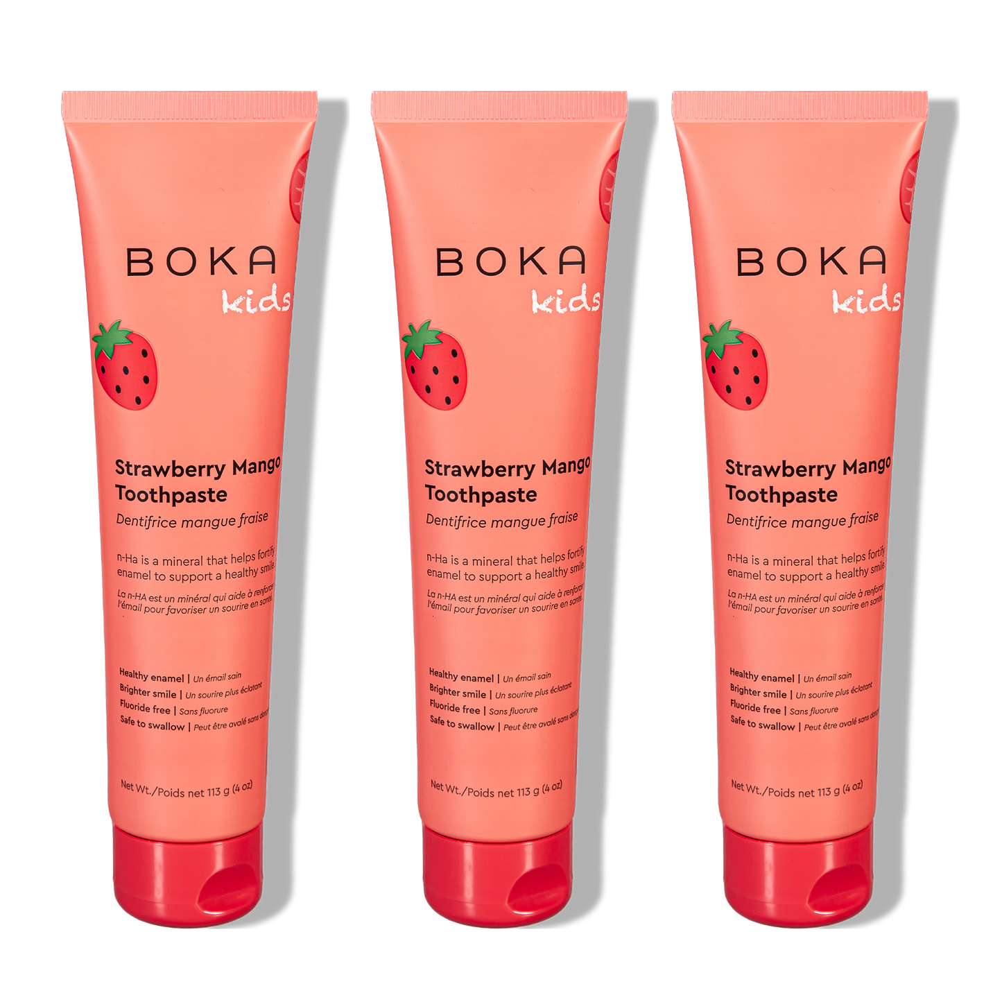 Three tubes of Boka Nano-Hydroxyapatite Toothpaste on a white background