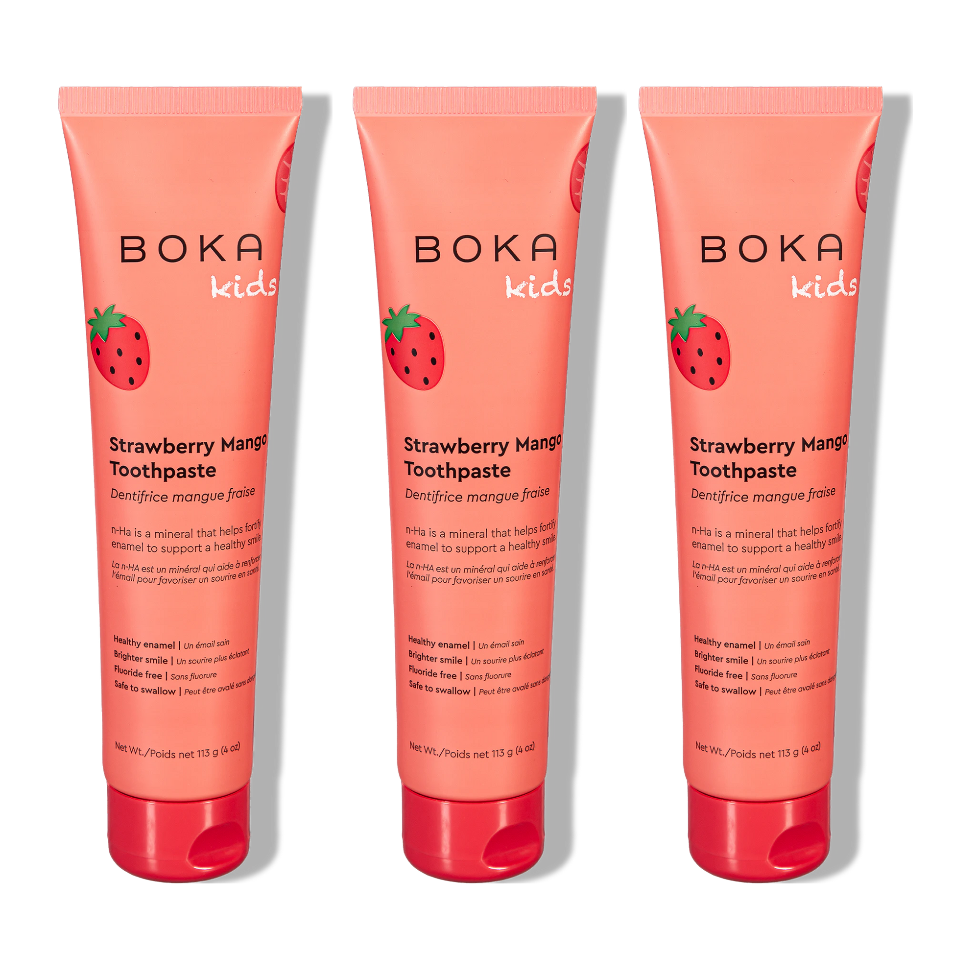 Three tubes of Boka Nano-Hydroxyapatite Toothpaste on a white background