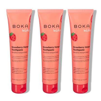 Three tubes of Boka Nano-Hydroxyapatite Toothpaste on a white background