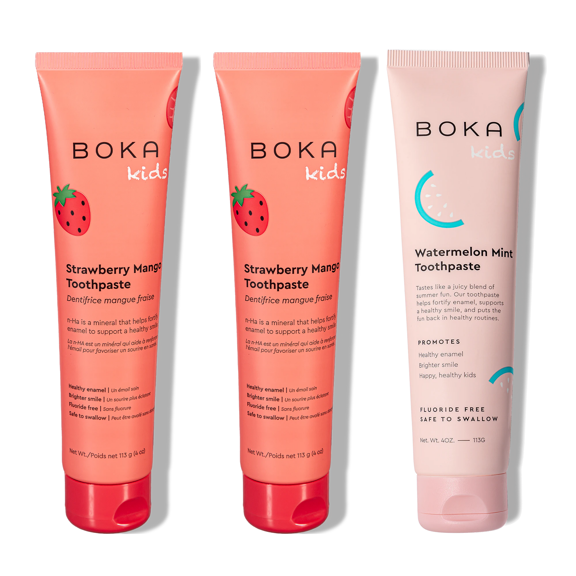 Three tubes of Boka Nano-Hydroxyapatite Toothpaste on a white background