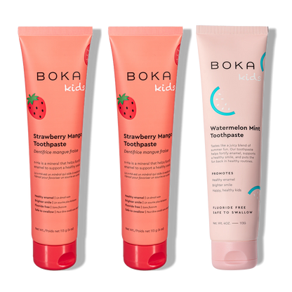 Three tubes of Boka Nano-Hydroxyapatite Toothpaste on a white background