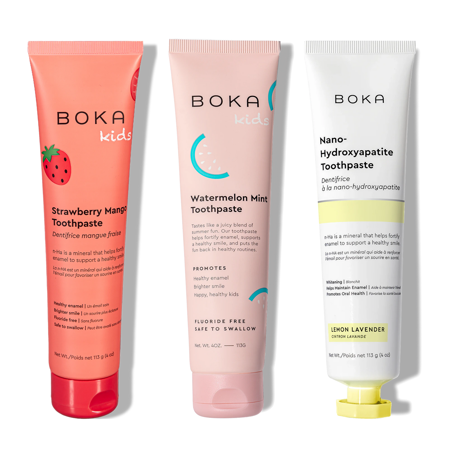 Three tubes of Boka Nano-Hydroxyapatite Toothpaste on a white background