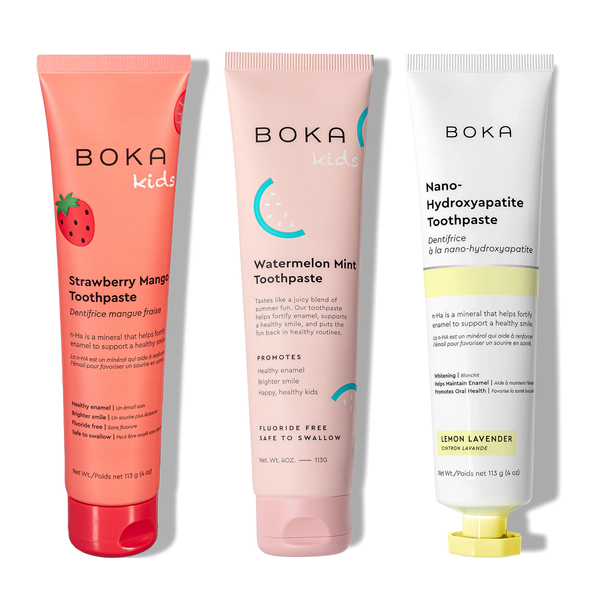 Three tubes of Boka Nano-Hydroxyapatite Toothpaste on a white background