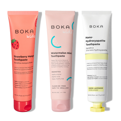 Three tubes of Boka Nano-Hydroxyapatite Toothpaste on a white background