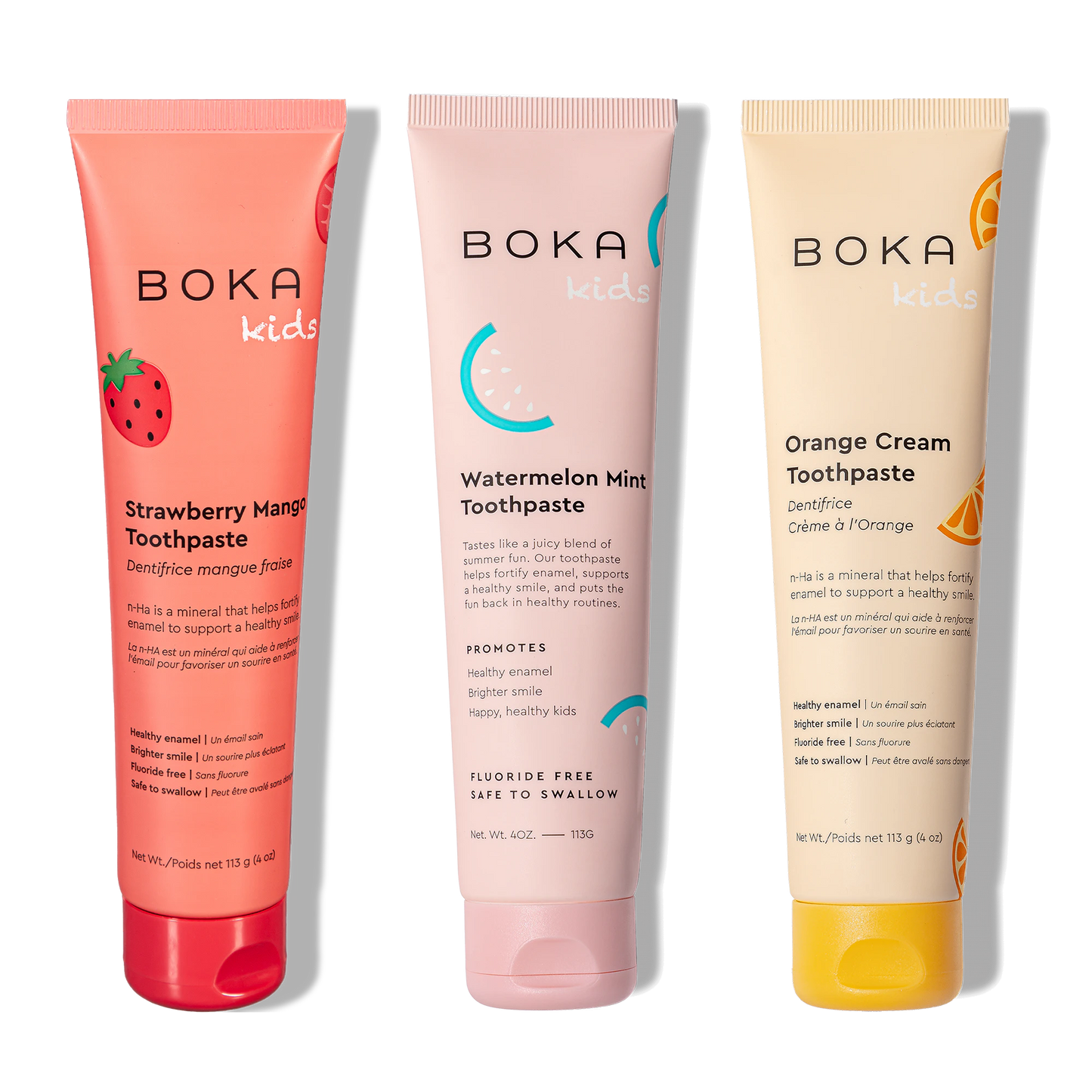Three tubes of Boka Nano-Hydroxyapatite Toothpaste on a white background
