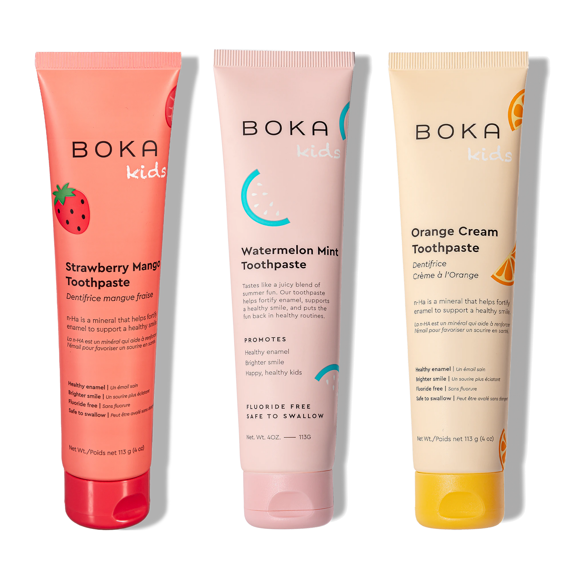 Three tubes of Boka Nano-Hydroxyapatite Toothpaste on a white background