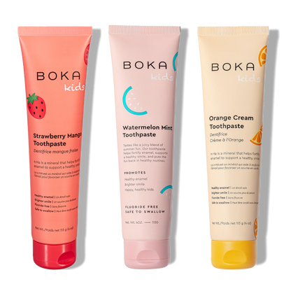 Three tubes of Boka Nano-Hydroxyapatite Toothpaste on a white background