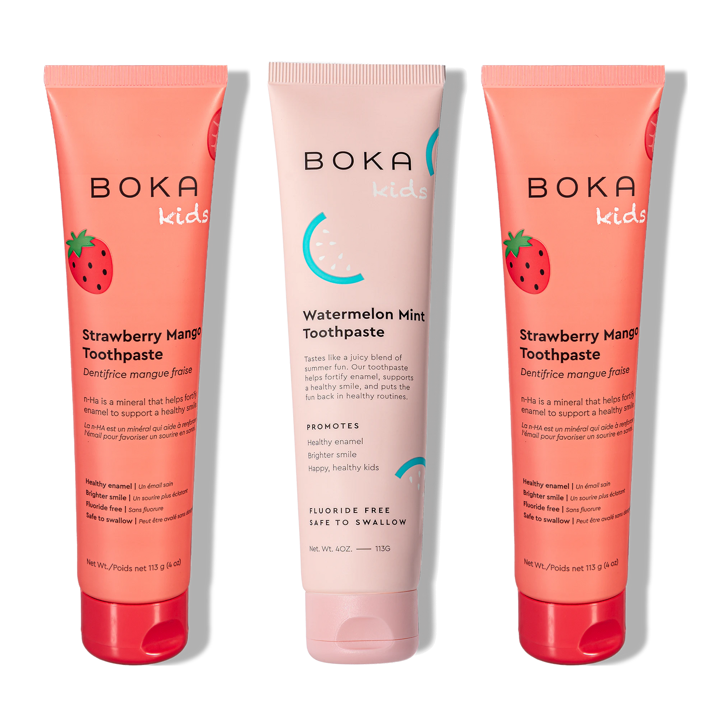 Three tubes of Boka Nano-Hydroxyapatite Toothpaste on a white background