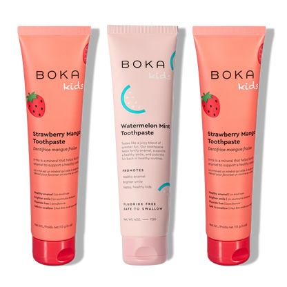 Three tubes of Boka Nano-Hydroxyapatite Toothpaste on a white background