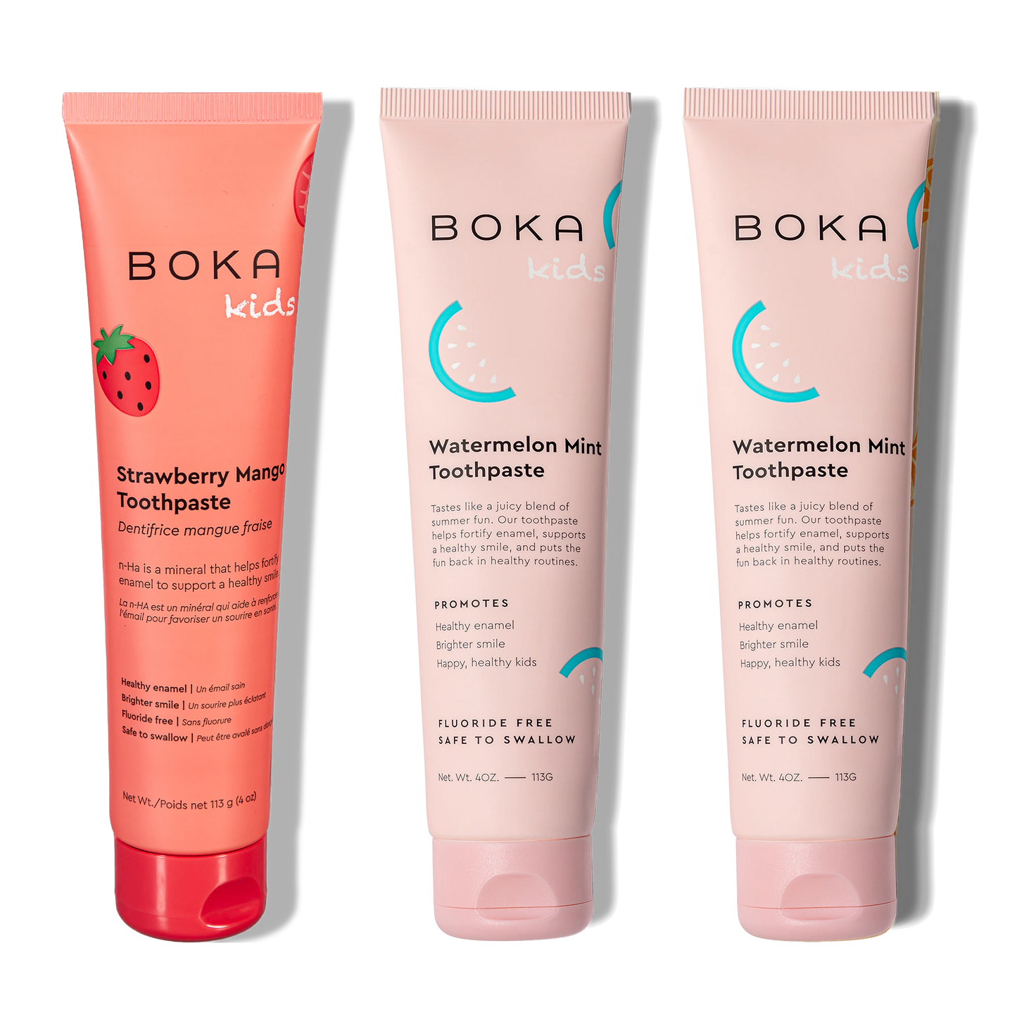 Three tubes of Boka Nano-Hydroxyapatite Toothpaste on a white background