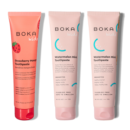 Three tubes of Boka Nano-Hydroxyapatite Toothpaste on a white background