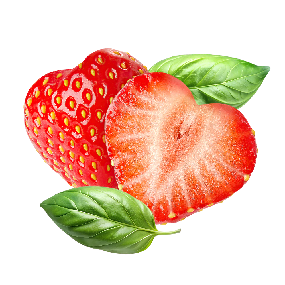 Two heart-shaped strawberries with green leaves, one whole and one sliced to show the inside.