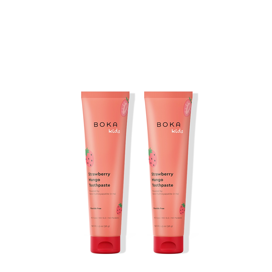 Two tubes of Boka Kids Strawberry Mango Toothpaste on a white background