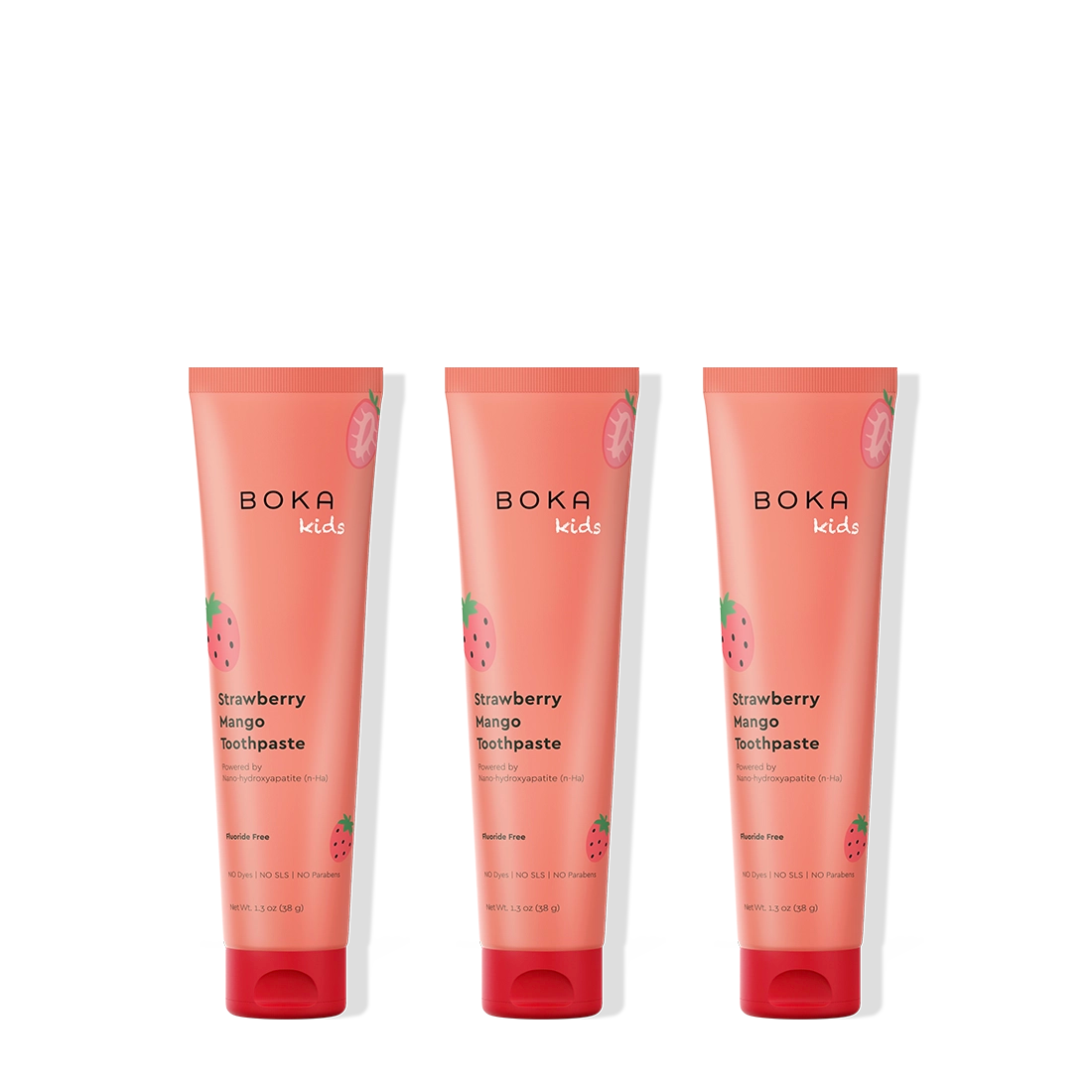Three tubes of Boka Kids Strawberry Mango toothpaste on a white background