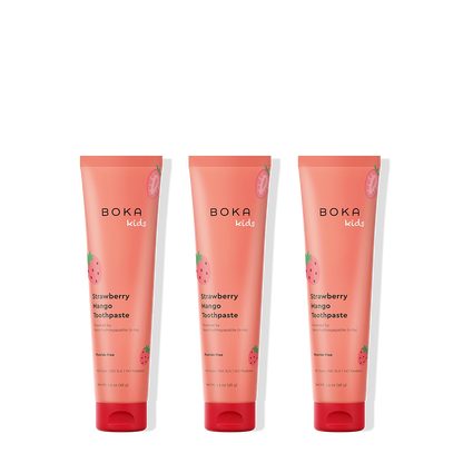 Three tubes of Boka Kids Strawberry Mango toothpaste on a white background