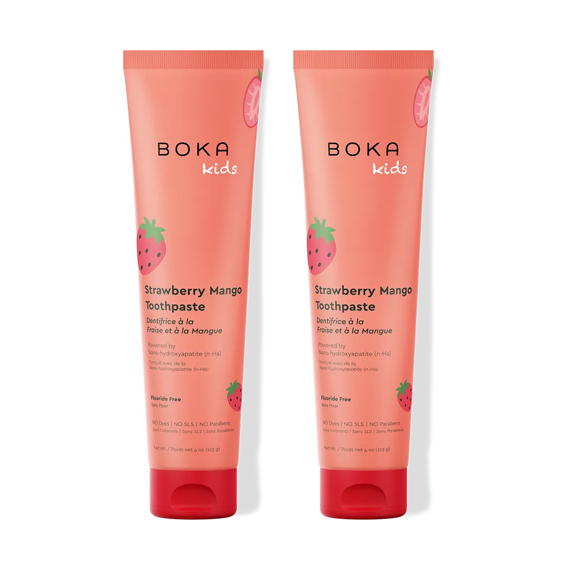 Two tubes of Boka Kids Strawberry Mango Toothpaste on a white background