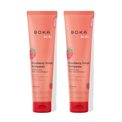 Two tubes of Boka Kids Strawberry Mango Toothpaste on a white background