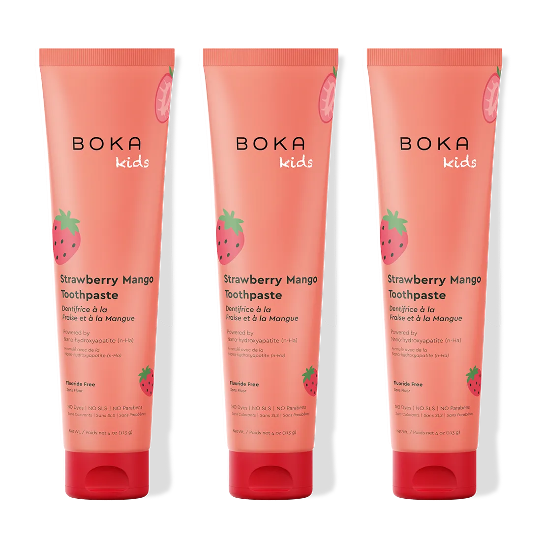 Three tubes of Boka Kids Strawberry Mango Toothpaste on a white background
