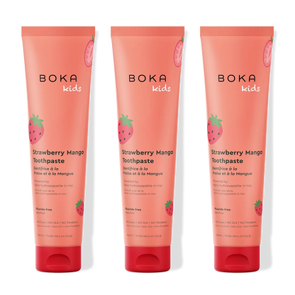 Three tubes of Boka Kids Strawberry Mango Toothpaste on a white background