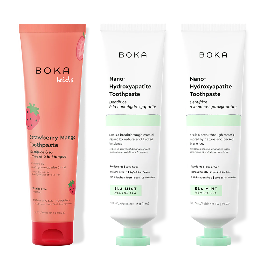 Three tubes of Boka Nano-Hydroxyapatite Toothpaste on a white background