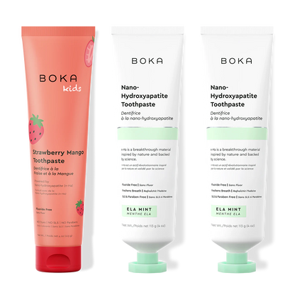 Three tubes of Boka Nano-Hydroxyapatite Toothpaste on a white background